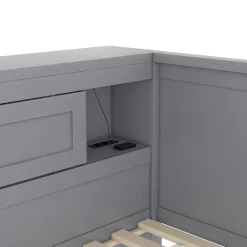 Okwish Lit gigogne 90x200 cm avec rangement latéral, LED télécommande et ports USB - sommier inclus - sans matelas - gris