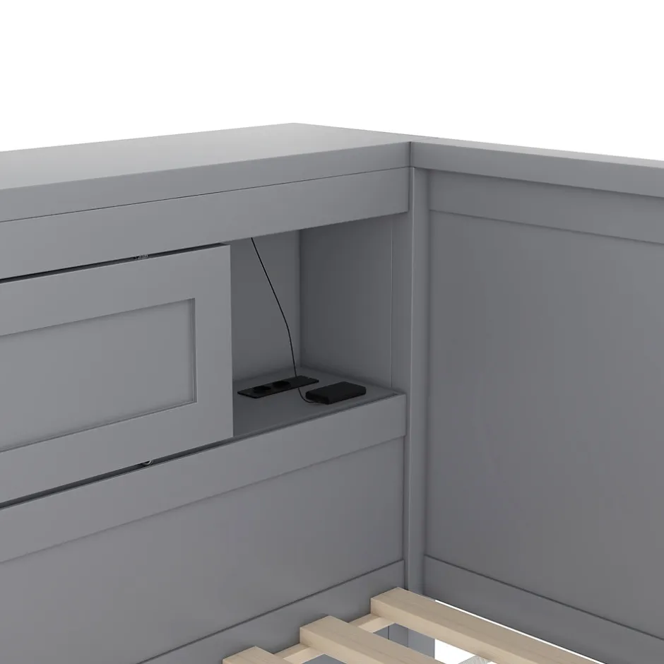 Okwish Lit gigogne 90x200 cm avec rangement latéral, LED télécommande et ports USB - sommier inclus - sans matelas - gris