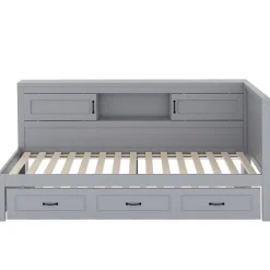 Okwish Lit gigogne 90x200 cm avec rangement latéral, LED télécommande et ports USB - sommier inclus - sans matelas - gris