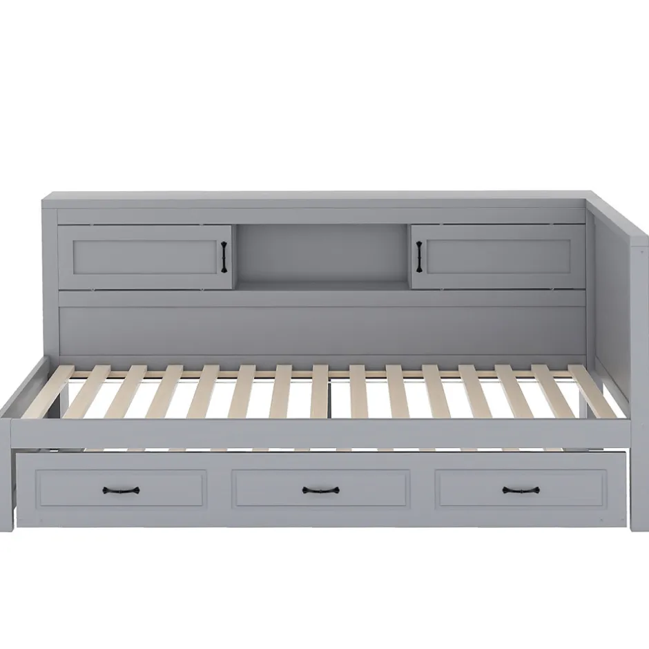 Okwish Lit gigogne 90x200 cm avec rangement latéral, LED télécommande et ports USB - sommier inclus - sans matelas - gris