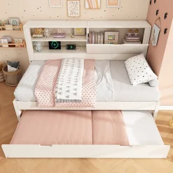 Okwish Lit Gigogne 90x190/200 cm avec Rangement, Compartiment Ouvert et Ports USB/USB-C, MDF/Contreplaqué/Panneaux de Particules, Blanc