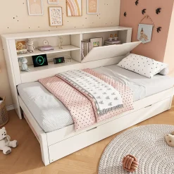 Okwish Lit Gigogne 90x190/200 cm avec Rangement, Compartiment Ouvert et Ports USB/USB-C, MDF/Contreplaqué/Panneaux de Particules, Blanc