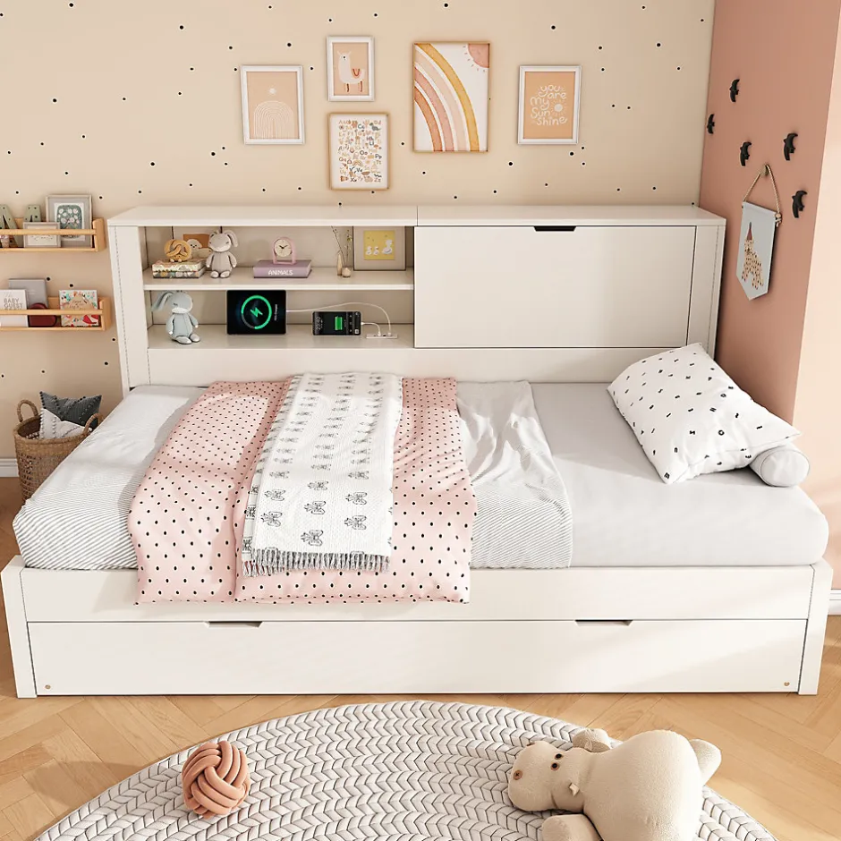 Okwish Lit Gigogne 90x190/200 cm avec Rangement, Compartiment Ouvert et Ports USB/USB-C, MDF/Contreplaqué/Panneaux de Particules, Blanc
