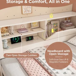 Okwish Lit Gigogne 90x190/200 cm avec Rangement, Compartiment Ouvert et Ports USB/USB-C, MDF/Contreplaqué/Panneaux de Particules, Blanc