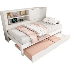 Okwish Lit Gigogne 90x190/200 cm avec Rangement, Compartiment Ouvert et Ports USB/USB-C, MDF/Contreplaqué/Panneaux de Particules, Blanc