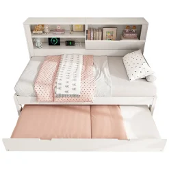 Okwish Lit Gigogne 90x190/200 cm avec Rangement, Compartiment Ouvert et Ports USB/USB-C, MDF/Contreplaqué/Panneaux de Particules, Blanc