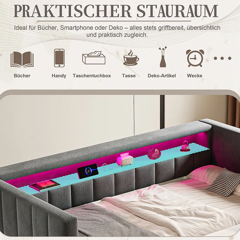 Okwish Lit Gigogne 90x190 cm avec Rangement, LED et Port USB Type-C, Design Capitonné en Velours Gris, pour Chambre d'Ado ou Invités Hot
