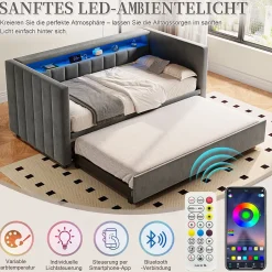 Okwish Lit Gigogne 90x190 cm avec Rangement, LED et Port USB Type-C, Design Capitonné en Velours Gris, pour Chambre d'Ado ou Invités Hot