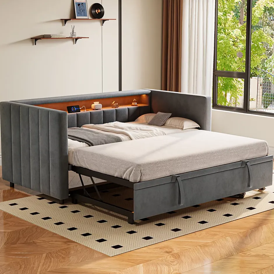Okwish Lit Gigogne 90x190 cm avec Rangement, LED et Port USB Type-C, Design Capitonné en Velours Gris, pour Chambre d'Ado ou Invités Hot
