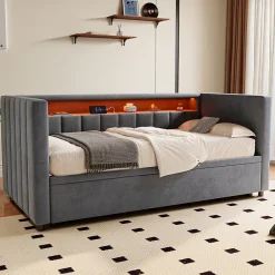 Okwish Lit Gigogne 90x190 cm avec Rangement, LED et Port USB Type-C, Design Capitonné en Velours Gris, pour Chambre d'Ado ou Invités Hot