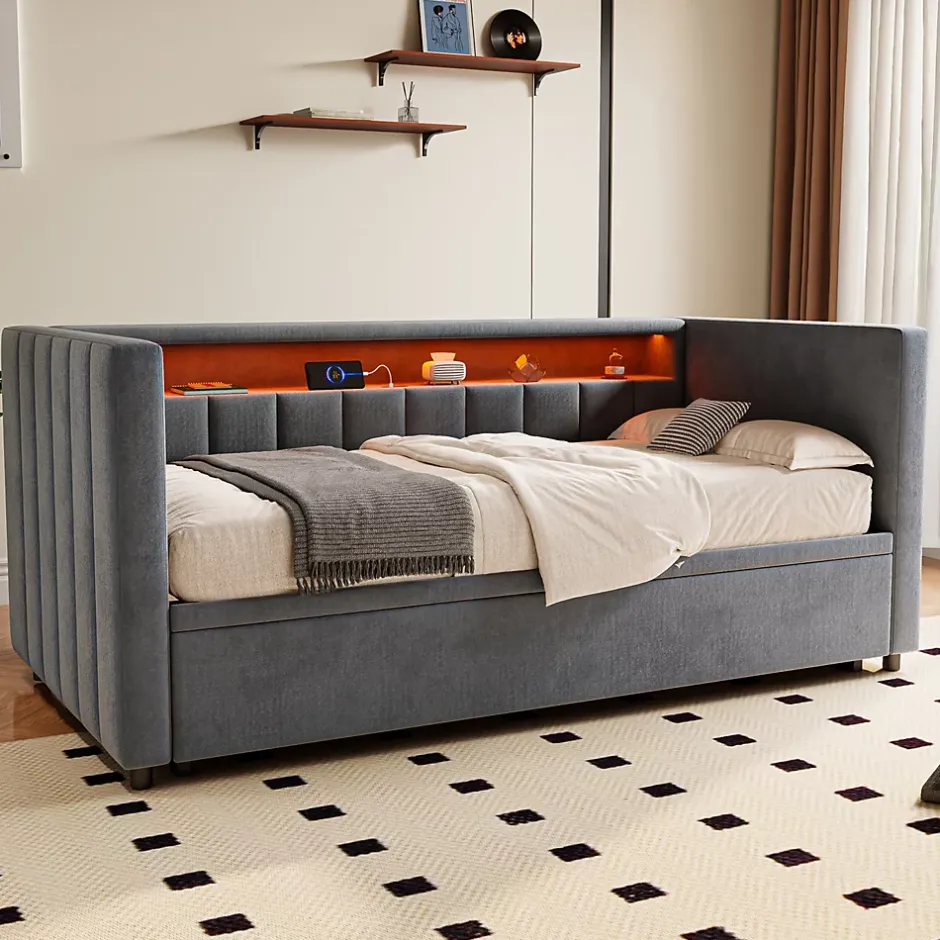 Okwish Lit Gigogne 90x190 cm avec Rangement, LED et Port USB Type-C, Design Capitonné en Velours Gris, pour Chambre d'Ado ou Invités Hot