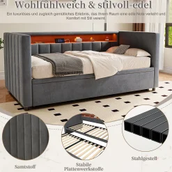 Okwish Lit Gigogne 90x190 cm avec Rangement, LED et Port USB Type-C, Design Capitonné en Velours Gris, pour Chambre d'Ado ou Invités Hot