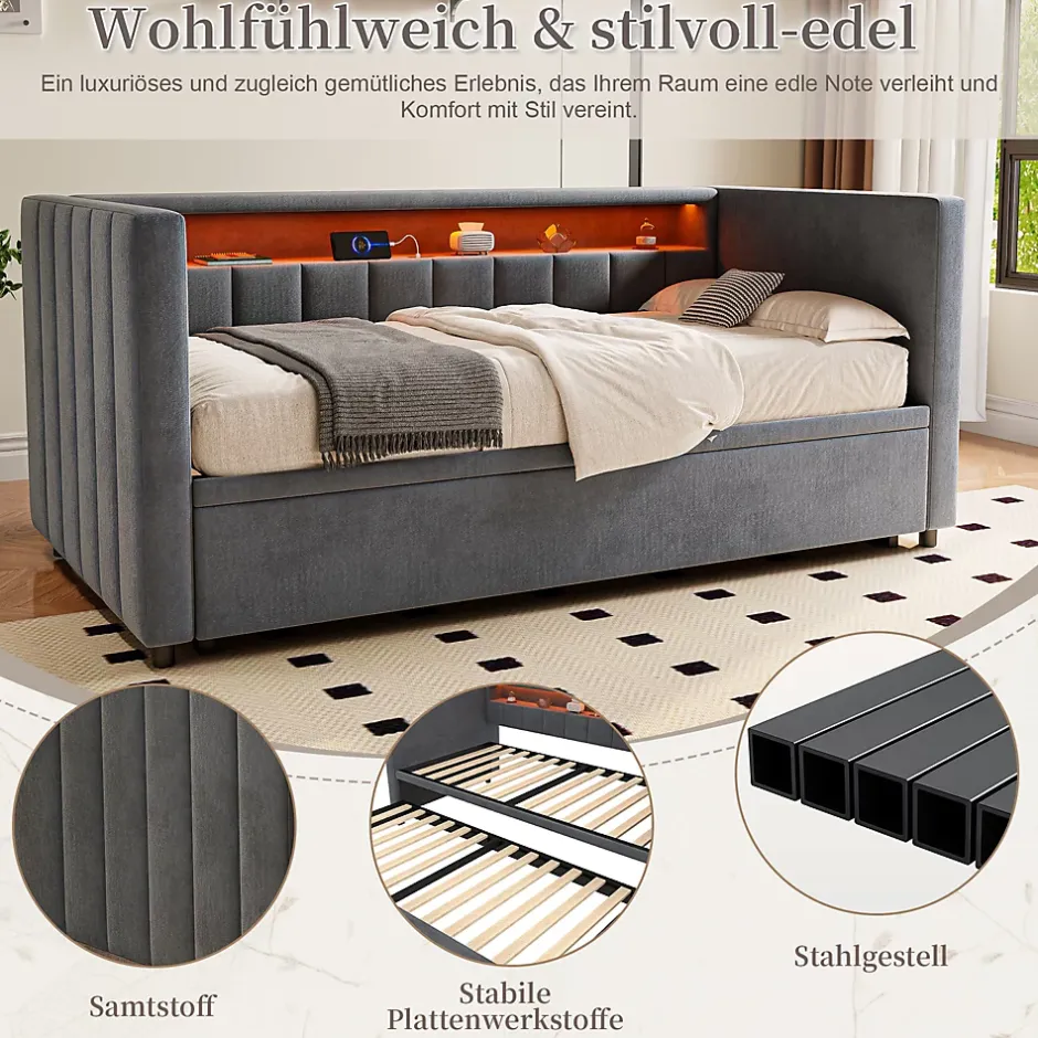 Okwish Lit Gigogne 90x190 cm avec Rangement, LED et Port USB Type-C, Design Capitonné en Velours Gris, pour Chambre d'Ado ou Invités Hot