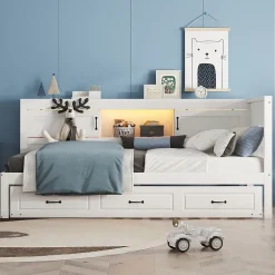Okwish Lit gigogne 90x200 cm avec rangement latéral, LED télécommande et ports USB - sommier inclus - blanc - sans matelas