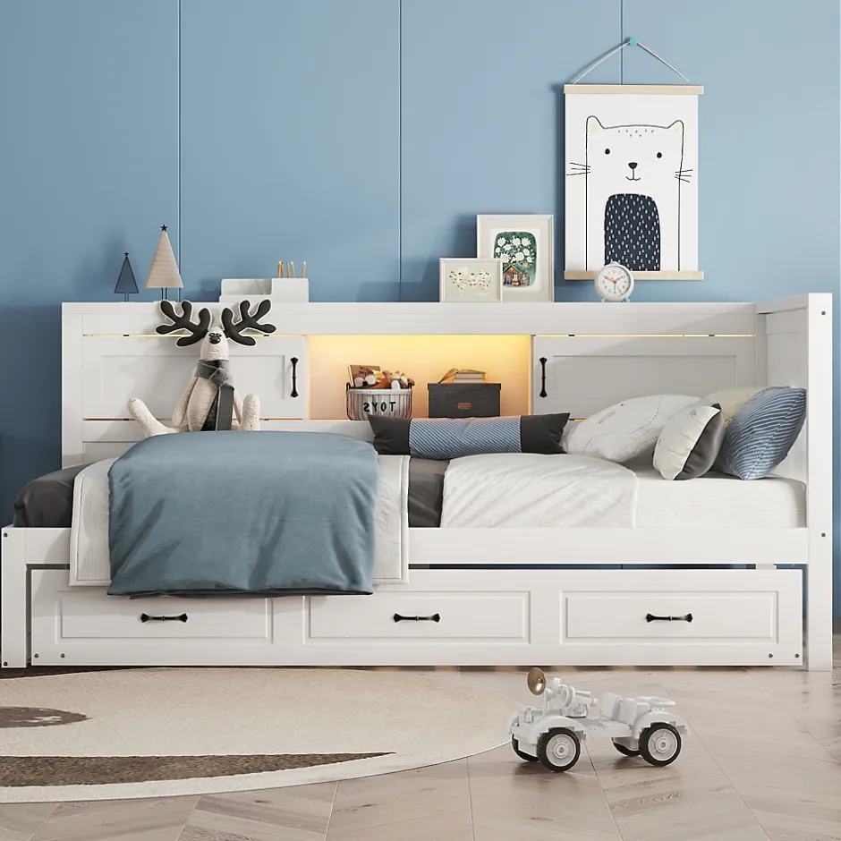 Okwish Lit gigogne 90x200 cm avec rangement latéral, LED télécommande et ports USB - sommier inclus - blanc - sans matelas