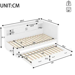 Okwish Lit gigogne 90x200 cm avec rangement latéral, LED télécommande et ports USB - sommier inclus - blanc - sans matelas