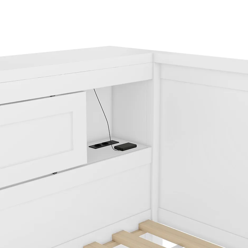 Okwish Lit gigogne 90x200 cm avec rangement latéral, LED télécommande et ports USB - sommier inclus - blanc - sans matelas