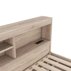 Okwish Lit gigogne 90x200 cm avec rangement latéral, LED télécommande et ports USB - sommier inclus - naturel - sans matelas Hot