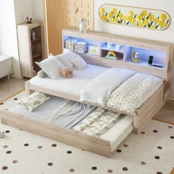 Okwish Lit gigogne 90x200 cm avec rangement latéral, LED télécommande et ports USB - sommier inclus - naturel - sans matelas Hot