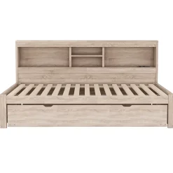 Okwish Lit gigogne 90x200 cm avec rangement latéral, LED télécommande et ports USB - sommier inclus - naturel - sans matelas Hot