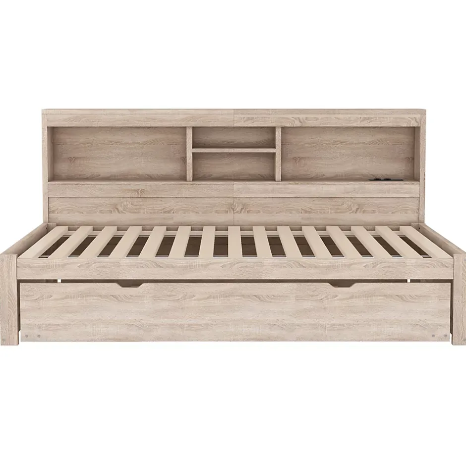 Okwish Lit gigogne 90x200 cm avec rangement latéral, LED télécommande et ports USB - sommier inclus - naturel - sans matelas Hot