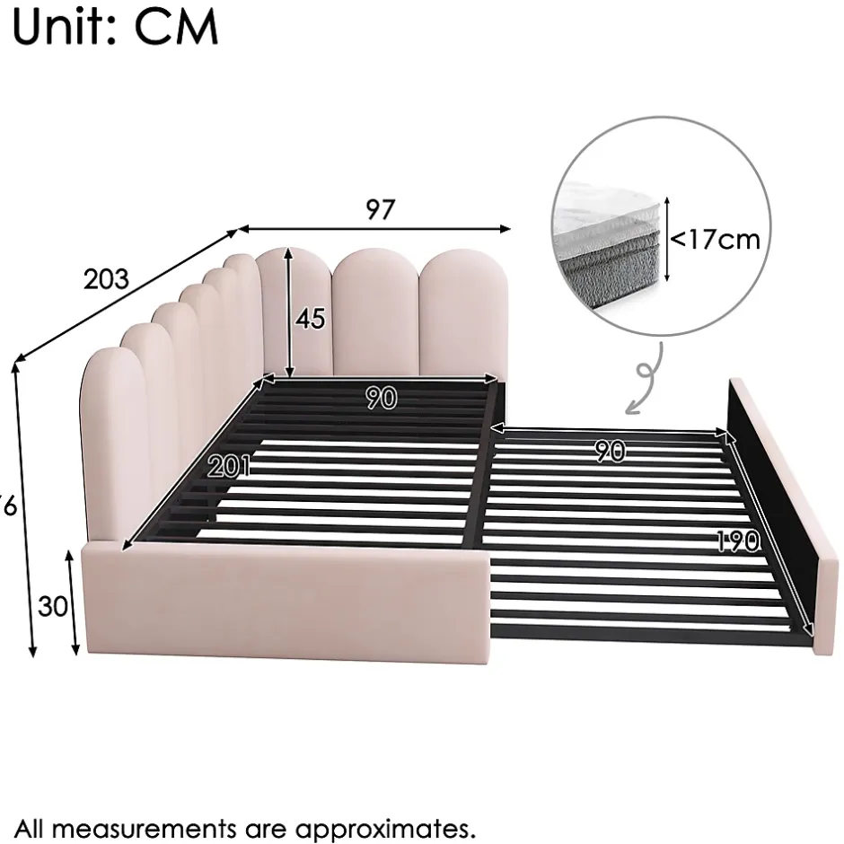 Okwish Lit Gigogne 90x200 cm avec Second Couchage - Design Moderne Gain de Place - Velours Rose - Sans Matelas Best