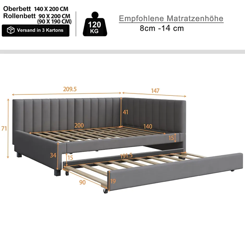 Okwish Lit Gigogne 140x200 cm avec Sommier à Lattes et Lit Tiroir Multifonction - Sans Matelas - Velours Gris Hot