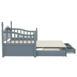 Okwish Lit Gigogne 90/180x200 cm avec Tiroirs et Sommier à Lattes Intégré, Lit Multifonction en Pin Massif, Gris Discount