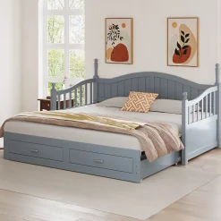 Okwish Lit Gigogne 90/180x200 cm avec Tiroirs et Sommier à Lattes Intégré, Lit Multifonction en Pin Massif, Gris Discount