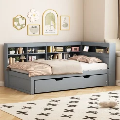 Okwish Lit Gigogne 90x200 cm avec Tiroir Gigogne 90x190 cm et Rangement, Lit Bois Multifonction avec USB Intégré, Gris