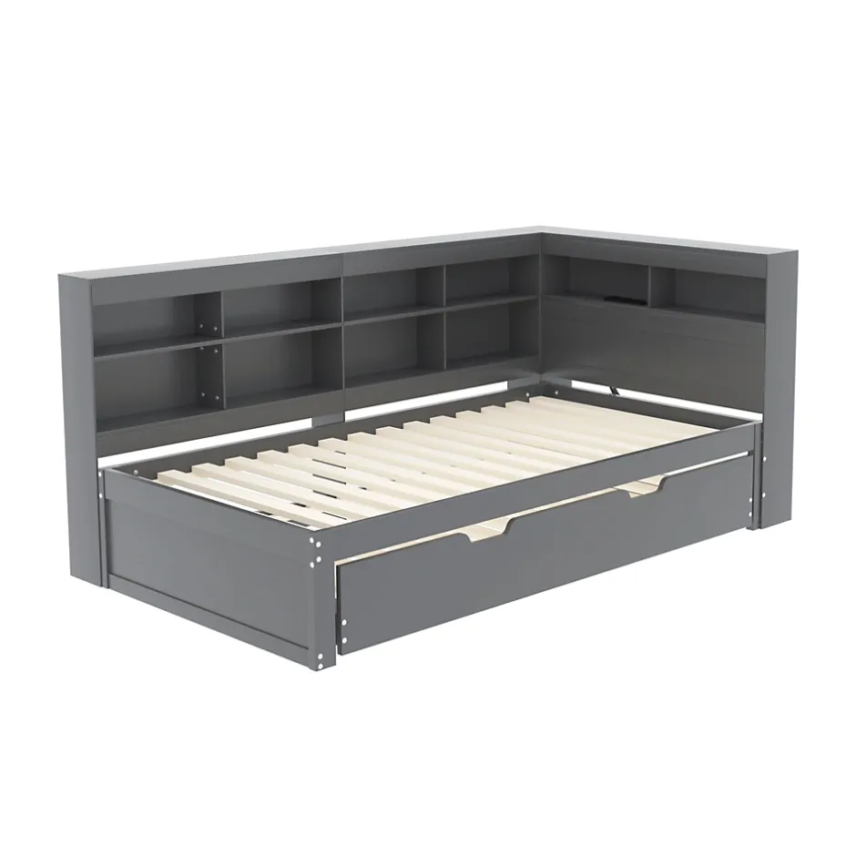 Okwish Lit Gigogne 90x200 cm avec Tiroir Gigogne 90x190 cm et Rangement, Lit Bois Multifonction avec USB Intégré, Gris