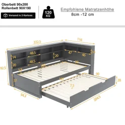 Okwish Lit Gigogne 90x200 cm avec Tiroir Gigogne 90x190 cm et Rangement, Lit Bois Multifonction avec USB Intégré, Gris