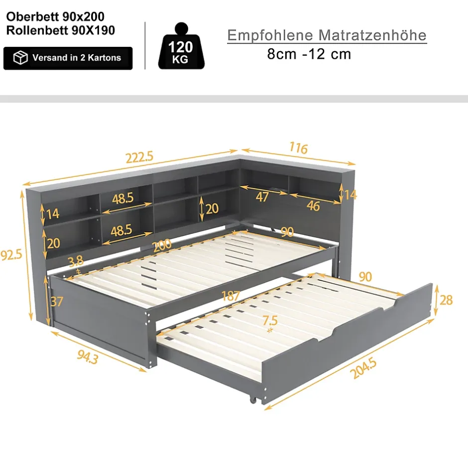 Okwish Lit Gigogne 90x200 cm avec Tiroir Gigogne 90x190 cm et Rangement, Lit Bois Multifonction avec USB Intégré, Gris