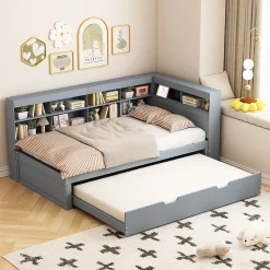 Okwish Lit Gigogne 90x200 cm avec Tiroir Gigogne 90x190 cm et Rangement, Lit Bois Multifonction avec USB Intégré, Gris