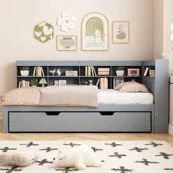 Okwish Lit Gigogne 90x200 cm avec Tiroir Gigogne 90x190 cm et Rangement, Lit Bois Multifonction avec USB Intégré, Gris