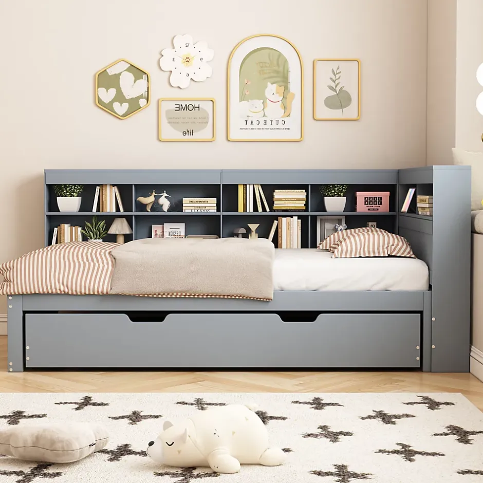 Okwish Lit Gigogne 90x200 cm avec Tiroir Gigogne 90x190 cm et Rangement, Lit Bois Multifonction avec USB Intégré, Gris