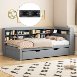 Okwish Lit Gigogne 90x200 cm avec Tiroir Gigogne 90x190 cm et Rangement, Lit Bois Multifonction avec USB Intégré, Gris