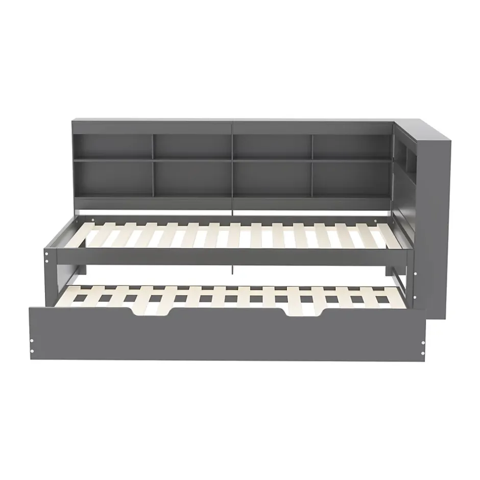 Okwish Lit Gigogne 90x200 cm avec Tiroir Gigogne 90x190 cm et Rangement, Lit Bois Multifonction avec USB Intégré, Gris