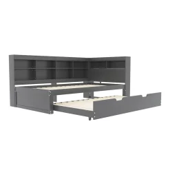 Okwish Lit Gigogne 90x200 cm avec Tiroir Gigogne 90x190 cm et Rangement, Lit Bois Multifonction avec USB Intégré, Gris