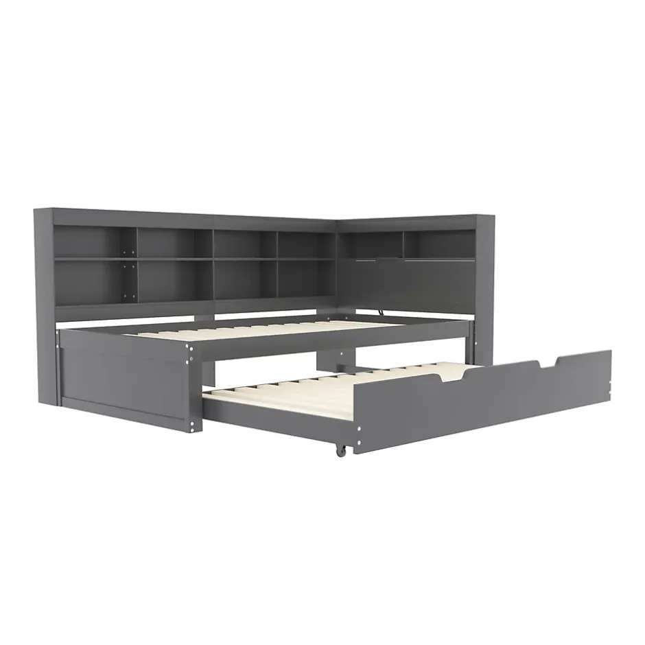 Okwish Lit Gigogne 90x200 cm avec Tiroir Gigogne 90x190 cm et Rangement, Lit Bois Multifonction avec USB Intégré, Gris