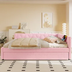 Okwish Lit gigogne 140x200 cm avec tiroir, lampe intégrée et ports USB Type-C - 2 couchages gain de place - imitation laine rose