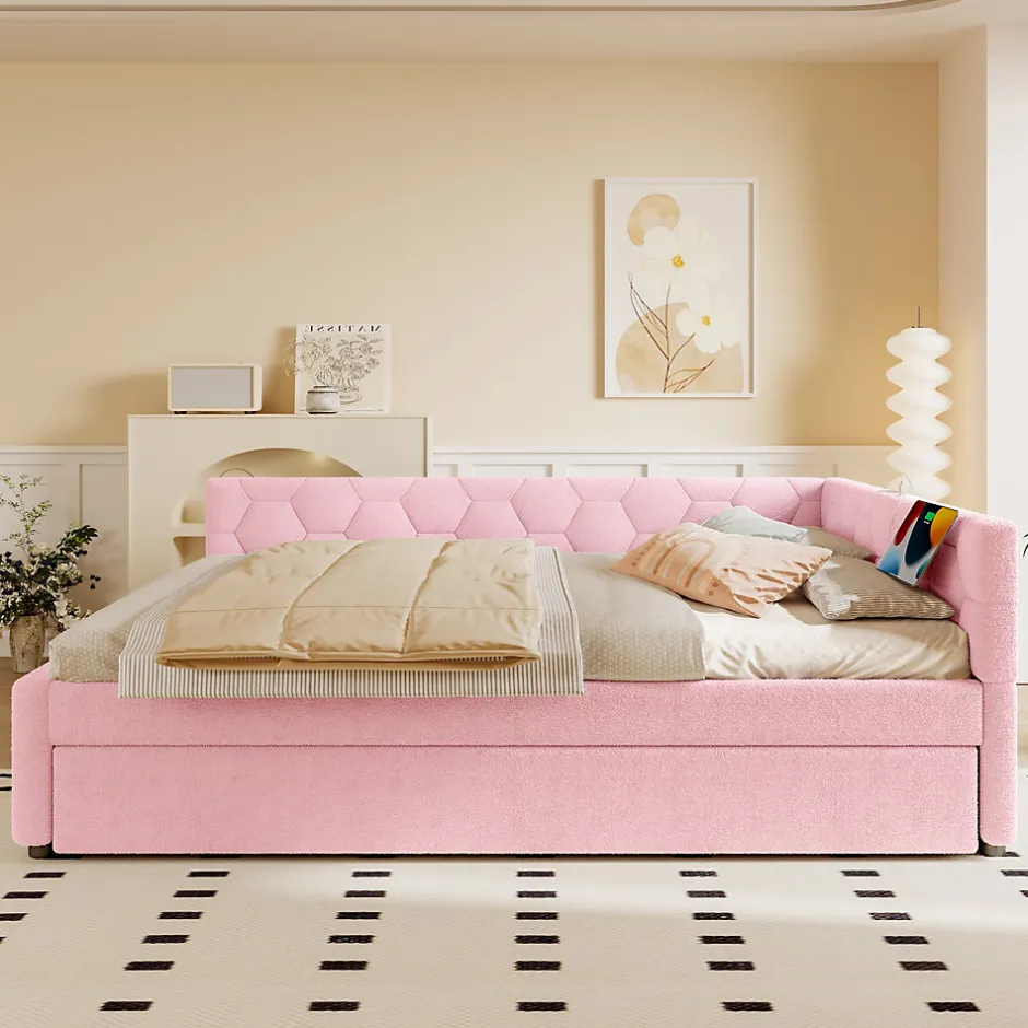 Okwish Lit gigogne 140x200 cm avec tiroir, lampe intégrée et ports USB Type-C - 2 couchages gain de place - imitation laine rose