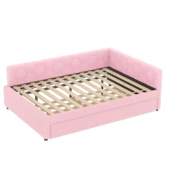 Okwish Lit gigogne 140x200 cm avec tiroir, lampe intégrée et ports USB Type-C - 2 couchages gain de place - imitation laine rose