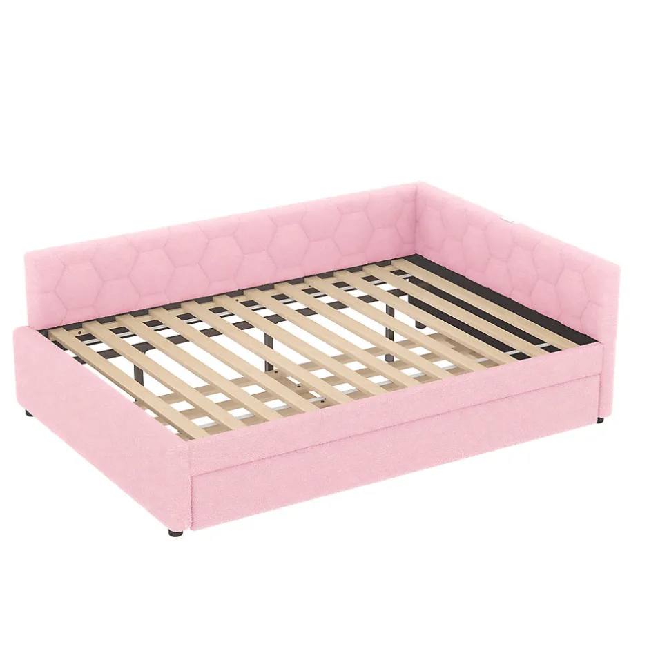 Okwish Lit gigogne 140x200 cm avec tiroir, lampe intégrée et ports USB Type-C - 2 couchages gain de place - imitation laine rose