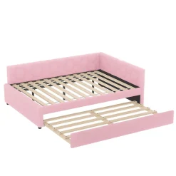 Okwish Lit gigogne 140x200 cm avec tiroir, lampe intégrée et ports USB Type-C - 2 couchages gain de place - imitation laine rose