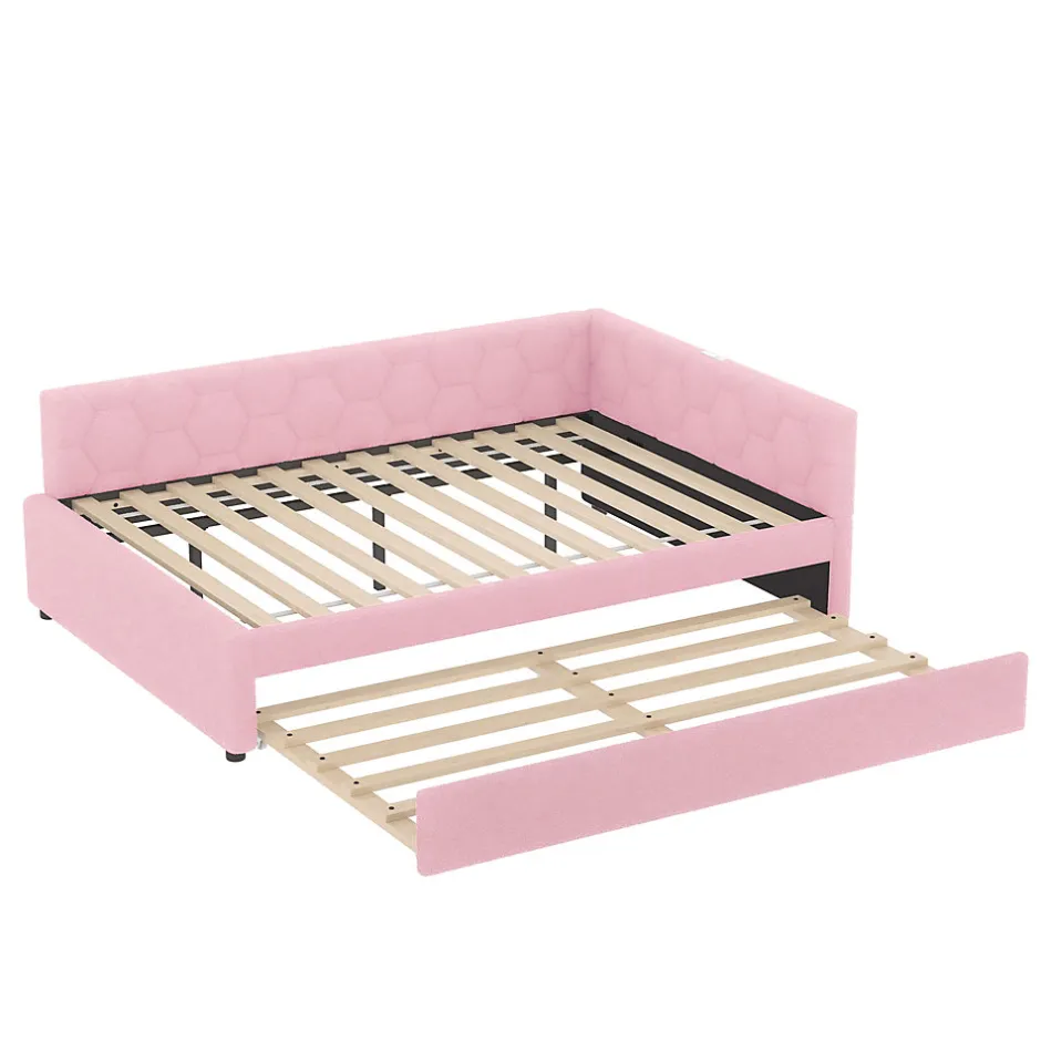 Okwish Lit gigogne 140x200 cm avec tiroir, lampe intégrée et ports USB Type-C - 2 couchages gain de place - imitation laine rose