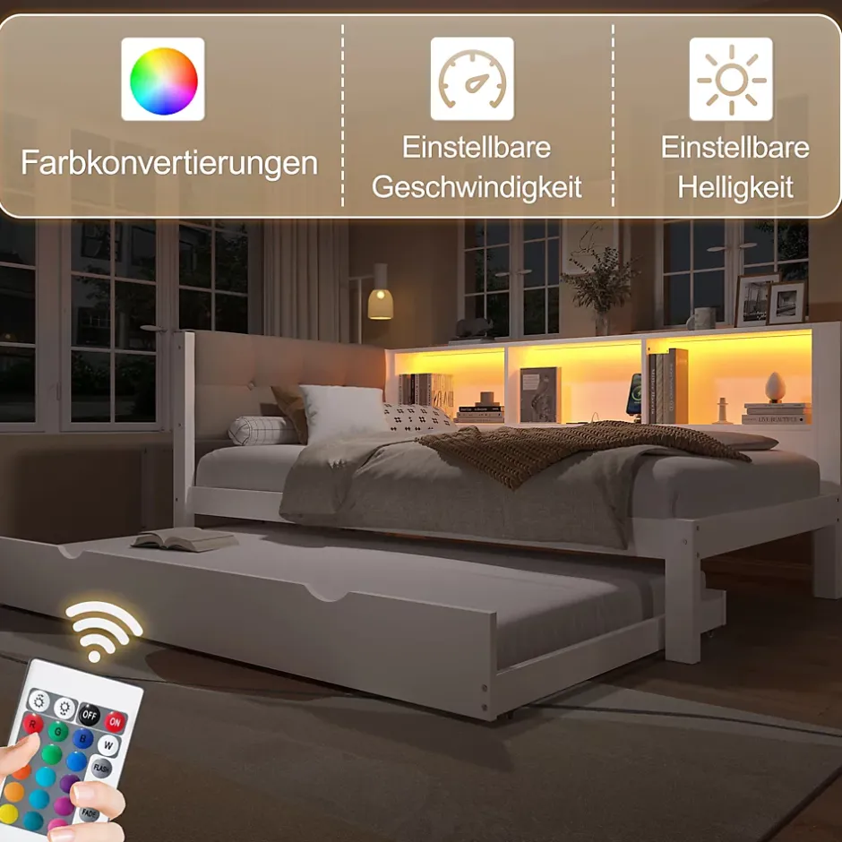 Okwish Lit gigogne 90x200 cm avec tiroir, étagère, bande LED et port USB - 2 couchages gain de place - pin et MDF blanc - sans matelas Best