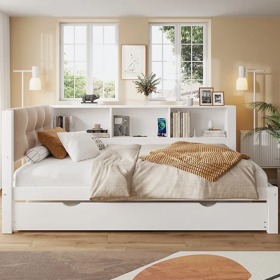 Okwish Lit gigogne 90x200 cm avec tiroir, étagère, bande LED et port USB - 2 couchages gain de place - pin et MDF blanc - sans matelas Best