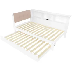 Okwish Lit gigogne 90x200 cm avec tiroir, étagère, bande LED et port USB - 2 couchages gain de place - pin et MDF blanc - sans matelas Best