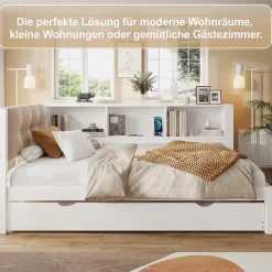 Okwish Lit gigogne 90x200 cm avec tiroir, étagère, bande LED et port USB - 2 couchages gain de place - pin et MDF blanc - sans matelas Best